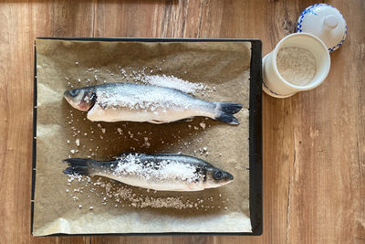 High angle view of fish on table