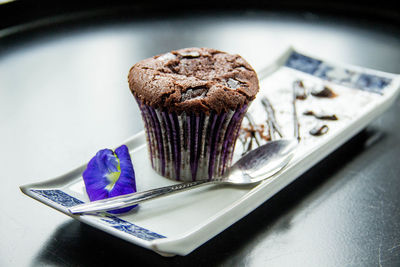 Close-up of chocolate cake on table