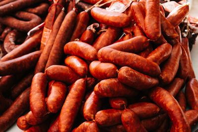 Traditional chorizo sausage in market in asturias, spain