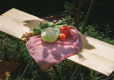 High angle view of vegetables with napkin on table at back yard