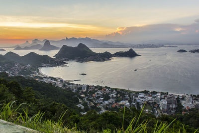 Scenic view of sea and mountains against sky