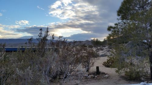 Scenic view of field against cloudy sky