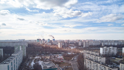 Residential district of big city. city blocks and thermal power plant. aerial view