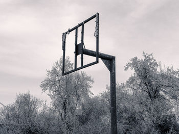 Low angle view of bare trees on field against sky