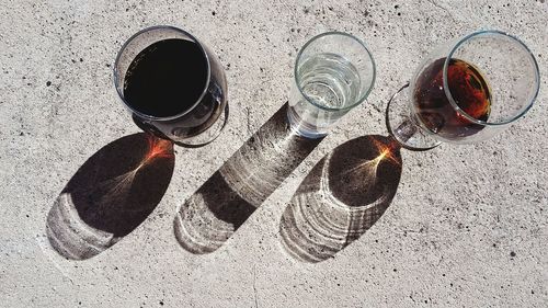 High angle view of drink on sand