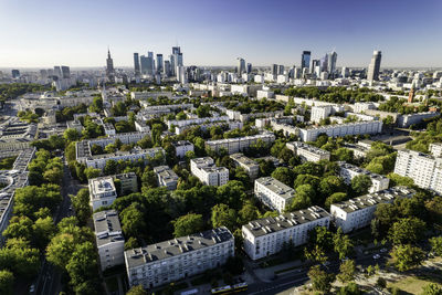 Beautiful panoramic drone view of the centre of modern warsaw with silhouettes of skyscrapers. 