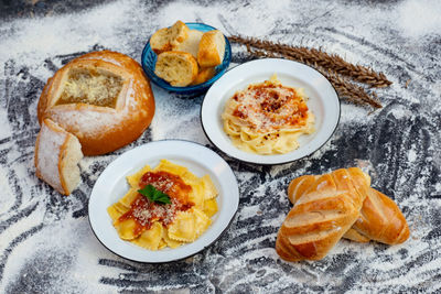 High angle view of breakfast served on table