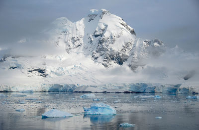 Scenic view of lake by glacier against sky