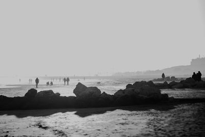 People on rocks by sea against clear sky