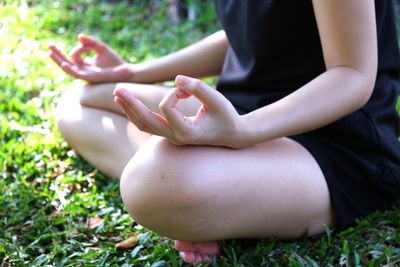 Low section of people sitting on grass