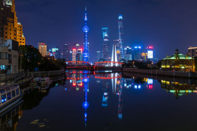 Illuminated skyscrapers by huangpu river in city at night