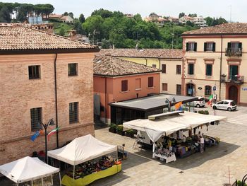High angle view of buildings in town