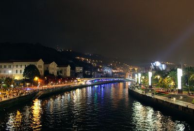 River by illuminated city against clear sky at night