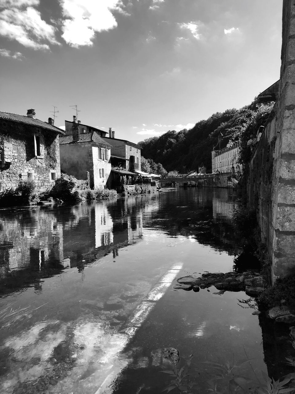 water, architecture, built structure, building exterior, black and white, sky, building, reflection, nature, monochrome, monochrome photography, cloud, house, city, black, no people, residential district, white, day, outdoors, river, travel destinations, village, town, environment, tree, travel