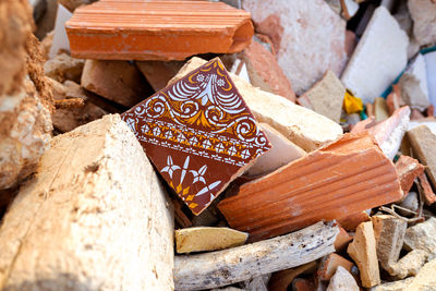 High angle view of bread on rocks