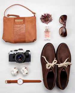 High angle view of camera on table