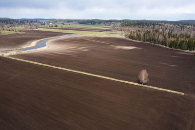 Aerial view of plowed field