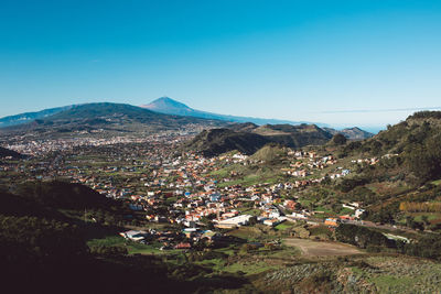 Aerial view of townscape and mountains against clear blue sky