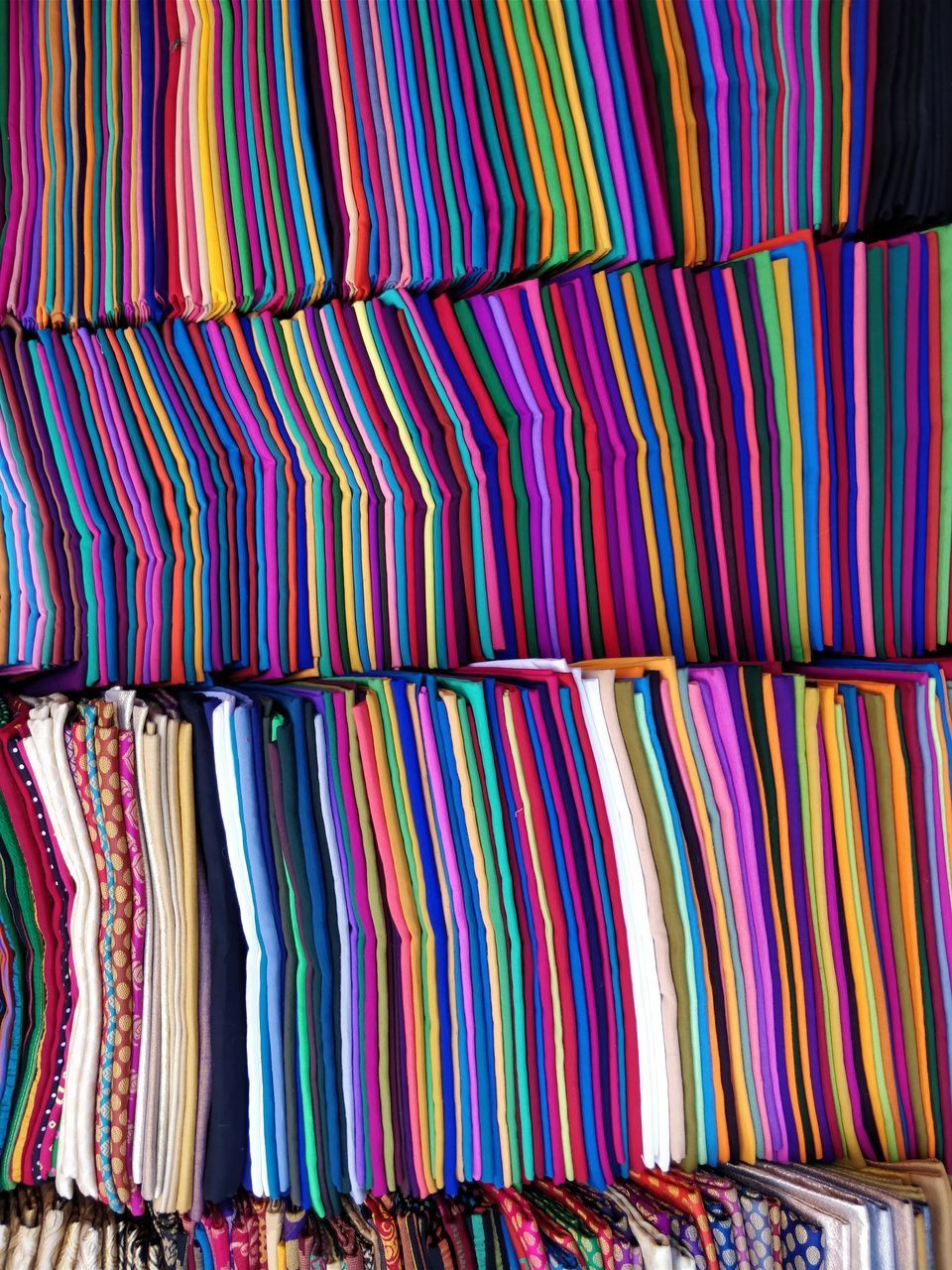 FULL FRAME SHOT OF MULTI COLORED FLAGS IN MARKET