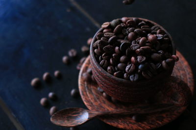 High angle view of coffee beans in wooden bowl on table