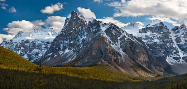 Panoramic view of snowcapped mountains against sky