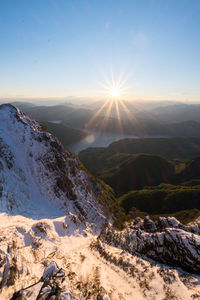 Scenic view of mountains against sky during sunset