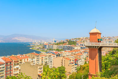 High angle view of townscape against clear blue sky