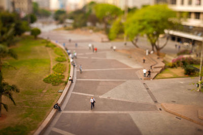 High angle view of people on road