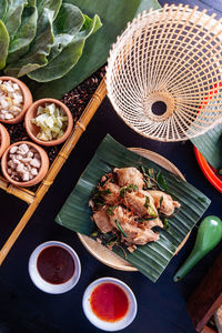 High angle view of food served on table