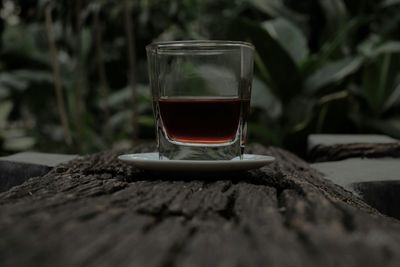 Close-up of alcohol on wooden table against plants