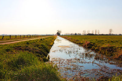 Canal amidst field against clear sky