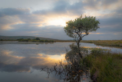 Scenic view of lake against sky during sunset