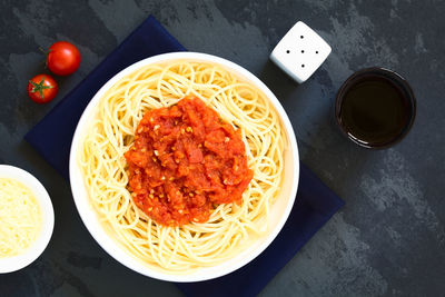 High angle view of meal served on table
