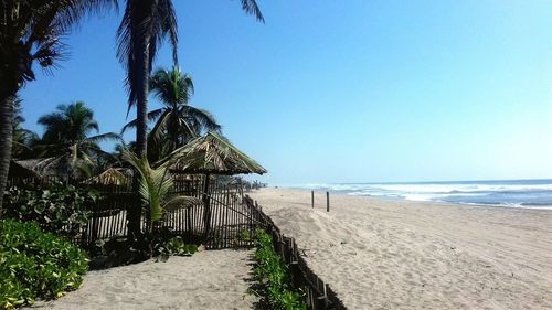 Scenic view of beach against clear blue sky