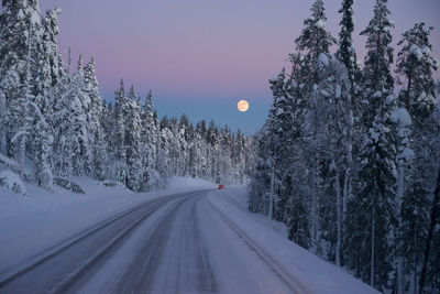 Road amidst trees against clear sky during winter