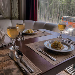 Wine glasses on table in restaurant