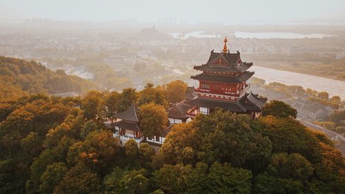 High angle view of temple against building