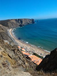 High angle view of beach against clear blue sky