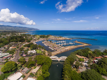 High angle view of beach against cloudy sky