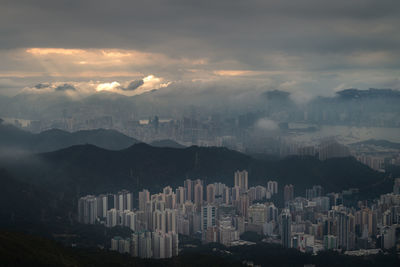 Aerial view of buildings in city against sky