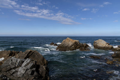 Scenic view of rocks in sea against sky