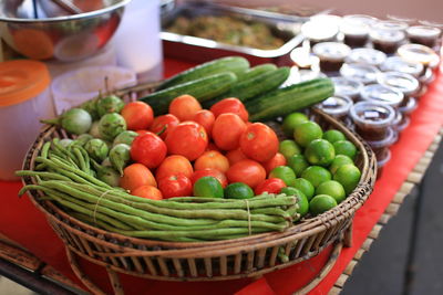 High angle view of vegetables in basket for sale