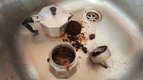 High angle view of coffee cup on table