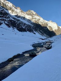 Scenic view of snowcapped mountains against blue sky