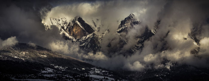 Panoramic view of snowcapped mountains against sky
