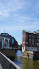 Buildings by river against sky in city