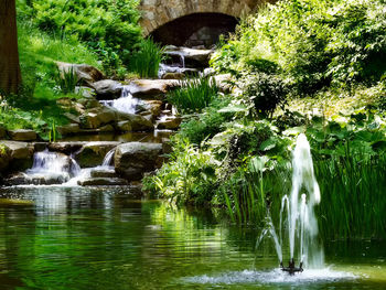 View of waterfall along lake