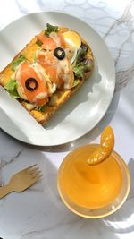 High angle view of breakfast served on table