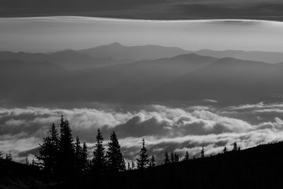 Scenic view of silhouette mountains against sky