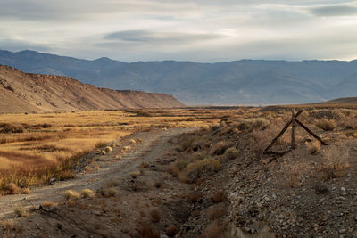 Scenic view of arid landscape desert road against sky